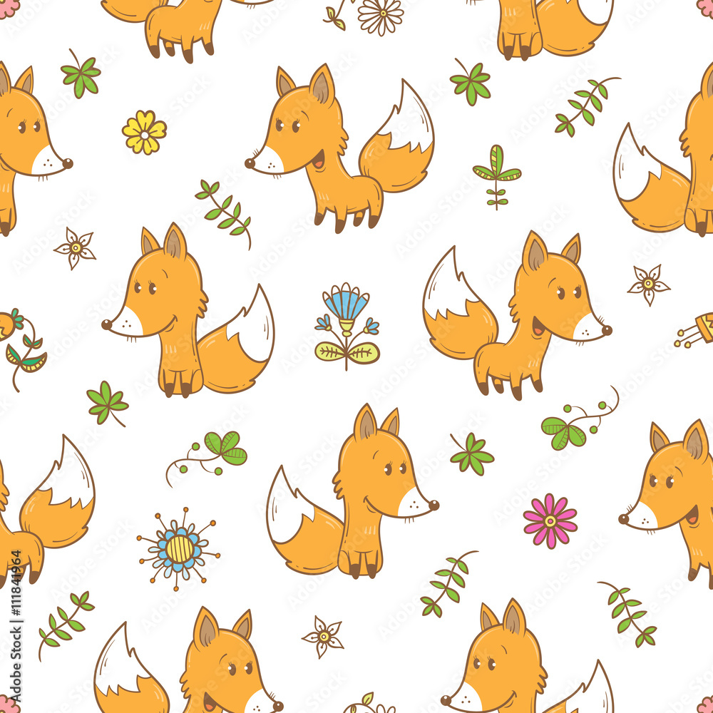 Obraz premium Seamless pattern with cute cartoon foxes plants and flowers on white background. Funny forest animals. Vector image. Children's illustration.