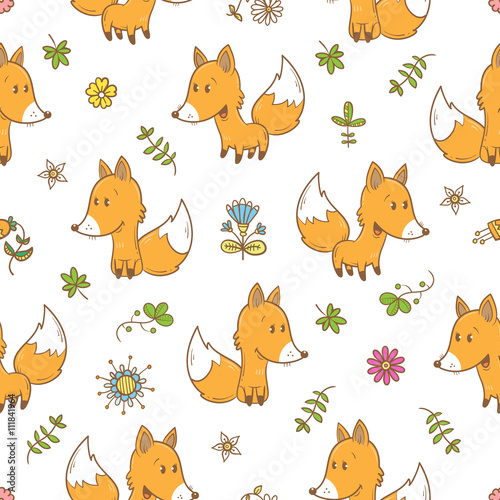 Fototapeta Naklejka Na Ścianę i Meble -  Seamless pattern with cute cartoon foxes plants and flowers on white  background. Funny forest animals. Vector image. Children's illustration.