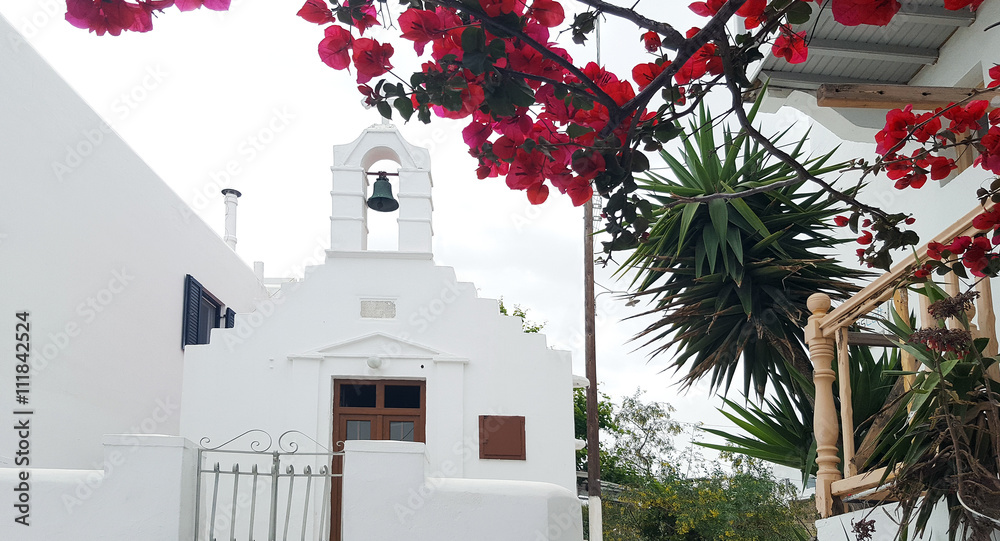 White church and red Bougainvillea in Mykonos