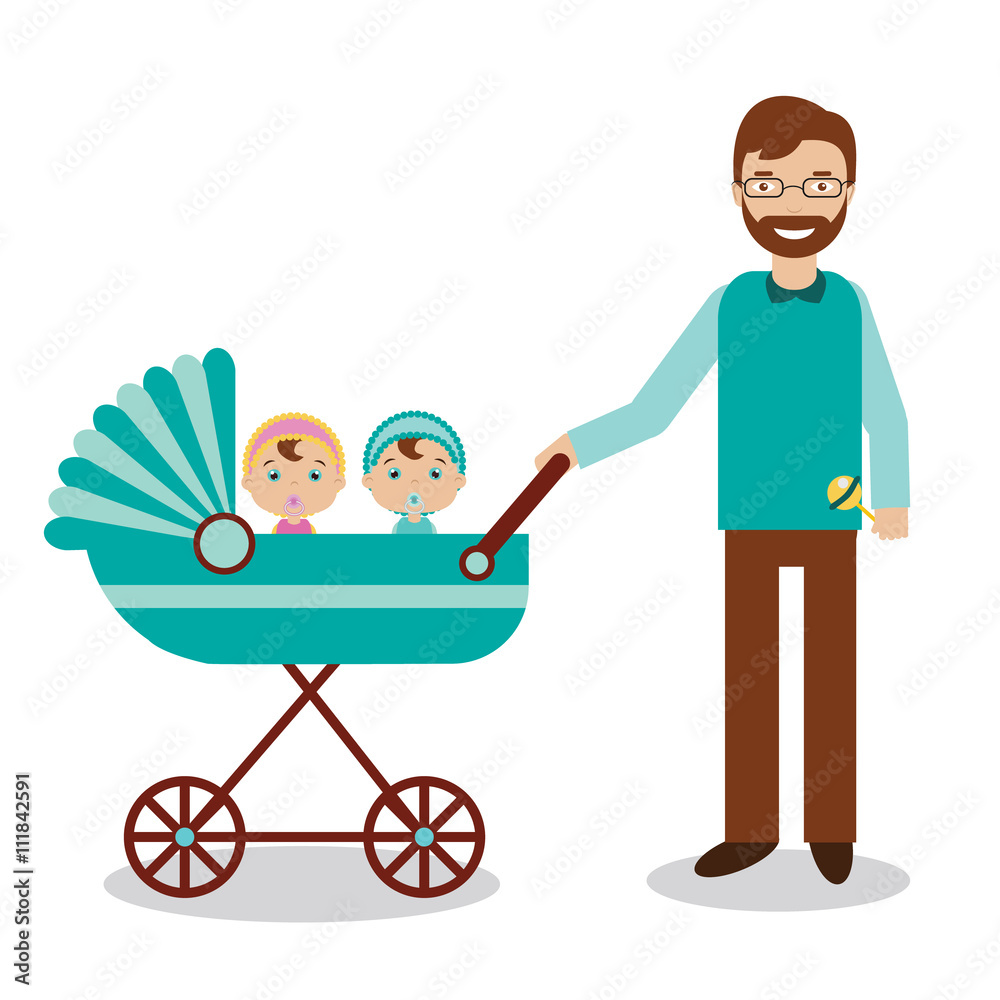 Happy father with newborn children in babystroller Happy father with newborn children in babystroller