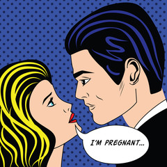 Man and pregnancy woman in vintage popart comic style