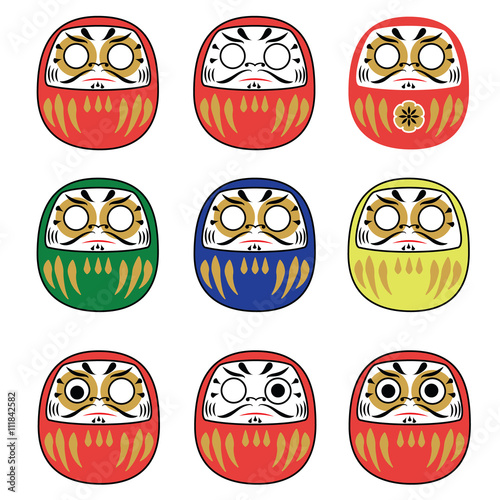 Set of japanese new year daruma dolls. Traditional daruma dolls in different colors collection. Vector illustration