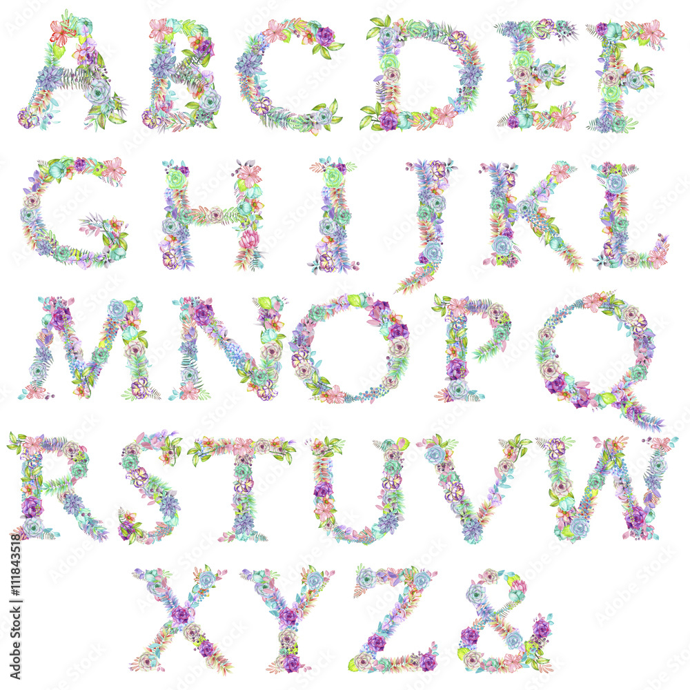 English alphabet of watercolor flowers, isolated hand drawn on a white background, wedding design, english capital letters for the festive and wedding decor and cards