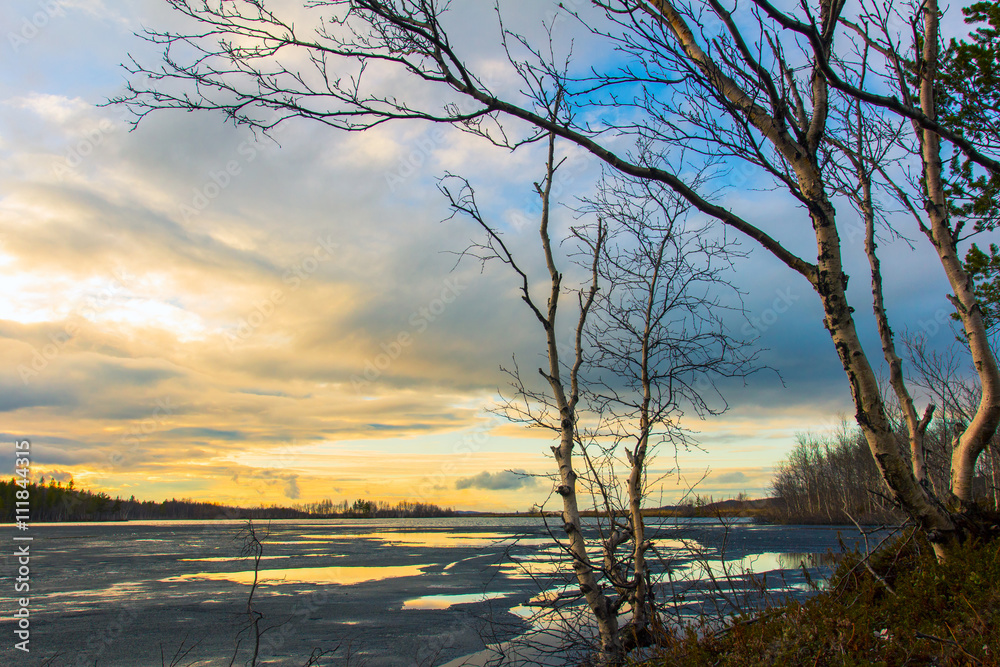 Forest lake.The spring lake at sunset Forest lake.The spring lake at sunset