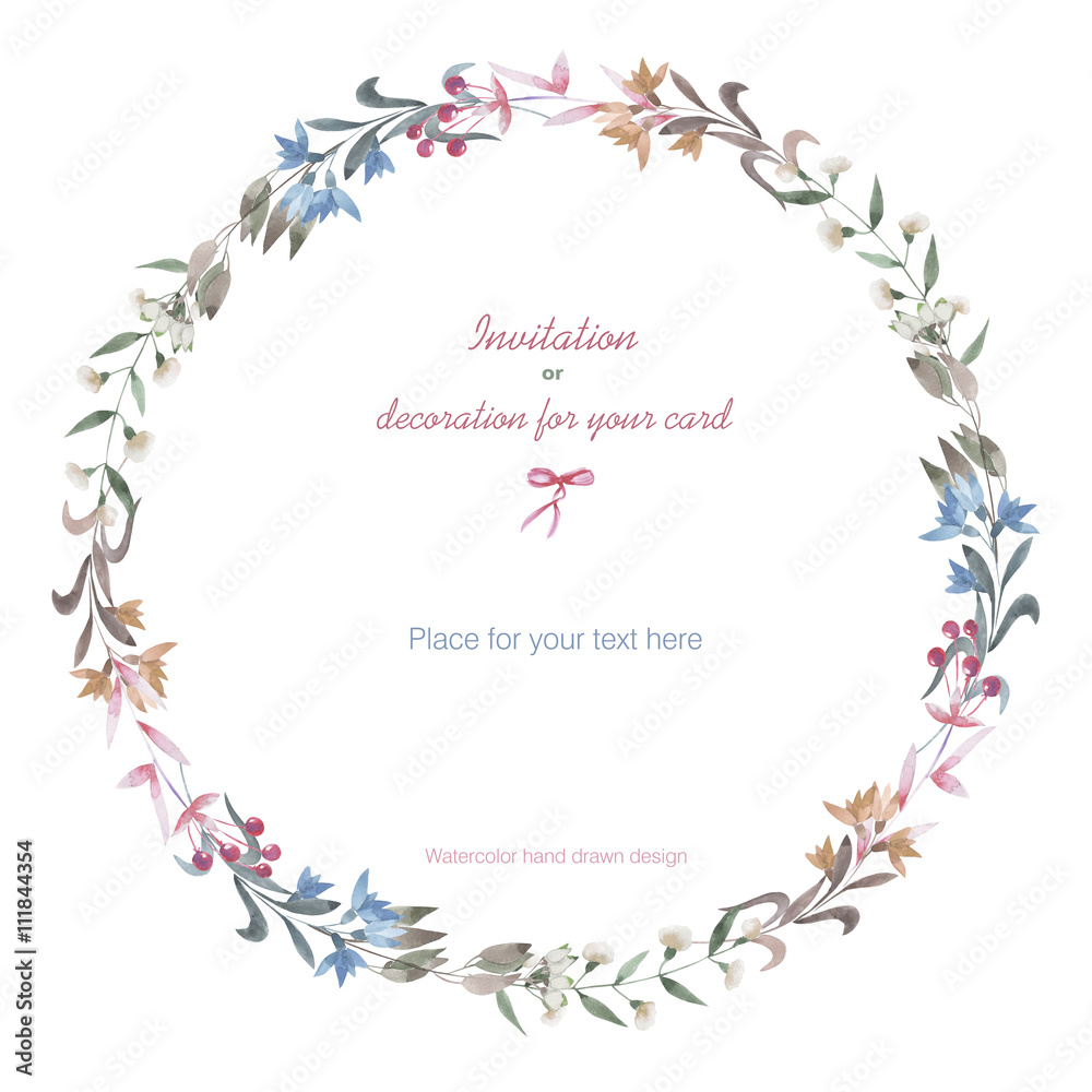 Circle frame, wreath of the pastel branches and flowers, hand drawn in a watercolor on a white background, greeting card, decoration postcard or invitation