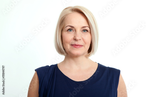 Happy woman portrait. Success. Isolated over white background.