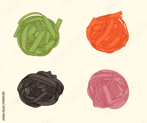 Colorful veggie pasta set. Hand drawn multicolored (squid ink, spinach, carrots, beetroot) tinted twirl of a fettuccine nest. Noodles top view. Food vector illustration. 