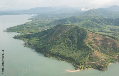 Beach, lagoon and mangrove forest view from above