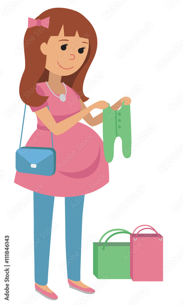 Pregnant young woman chooses clothes for your baby. Flat Vector Illustration of pregnant woman on shopping isolated on white background. Pregnant young woman chooses clothes for your baby. Flat Vector Illustration of pregnant woman on shopping isolated on white background.