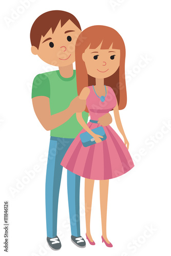 Couple younger man and woman hugging. Vector illustration isolated on white background hand drawing of couple students  in love standing hug.