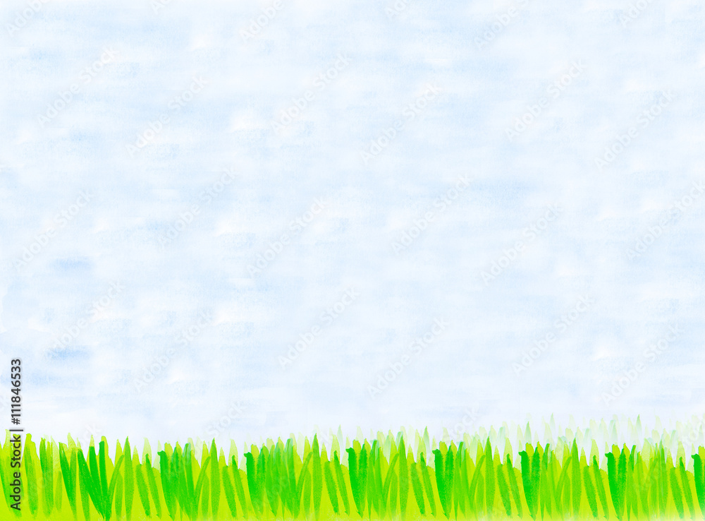 Fototapeta premium blue sky and green grass watercolor