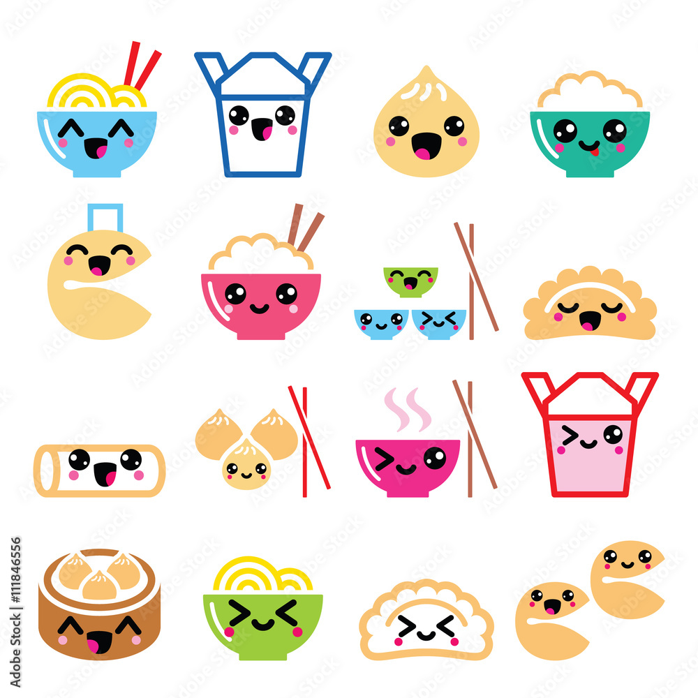 Kawaii Chinese take away food characters- pasta, rice, spring rolls, fortune cookies, dumplings 
  