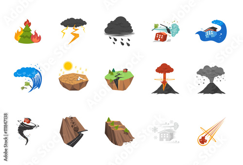 A set of natural disaster icons in fresh colors.