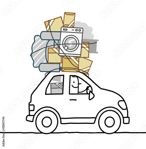 cartoon man moving in a car