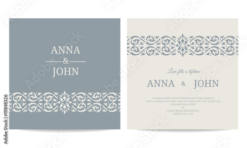 Contemporary Wedding Invitations card - line art gray blue tone vector design © ananaline