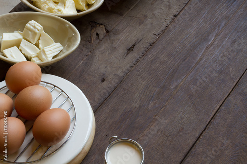 Bakery kitchen background  Bread ingredient on wooden table  Top view and Text space