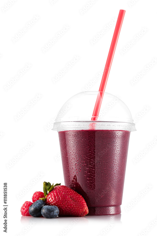 Smoothie in plastic cup with strawberry, bilberry and raspberry - obrazy, fototapety, plakaty 