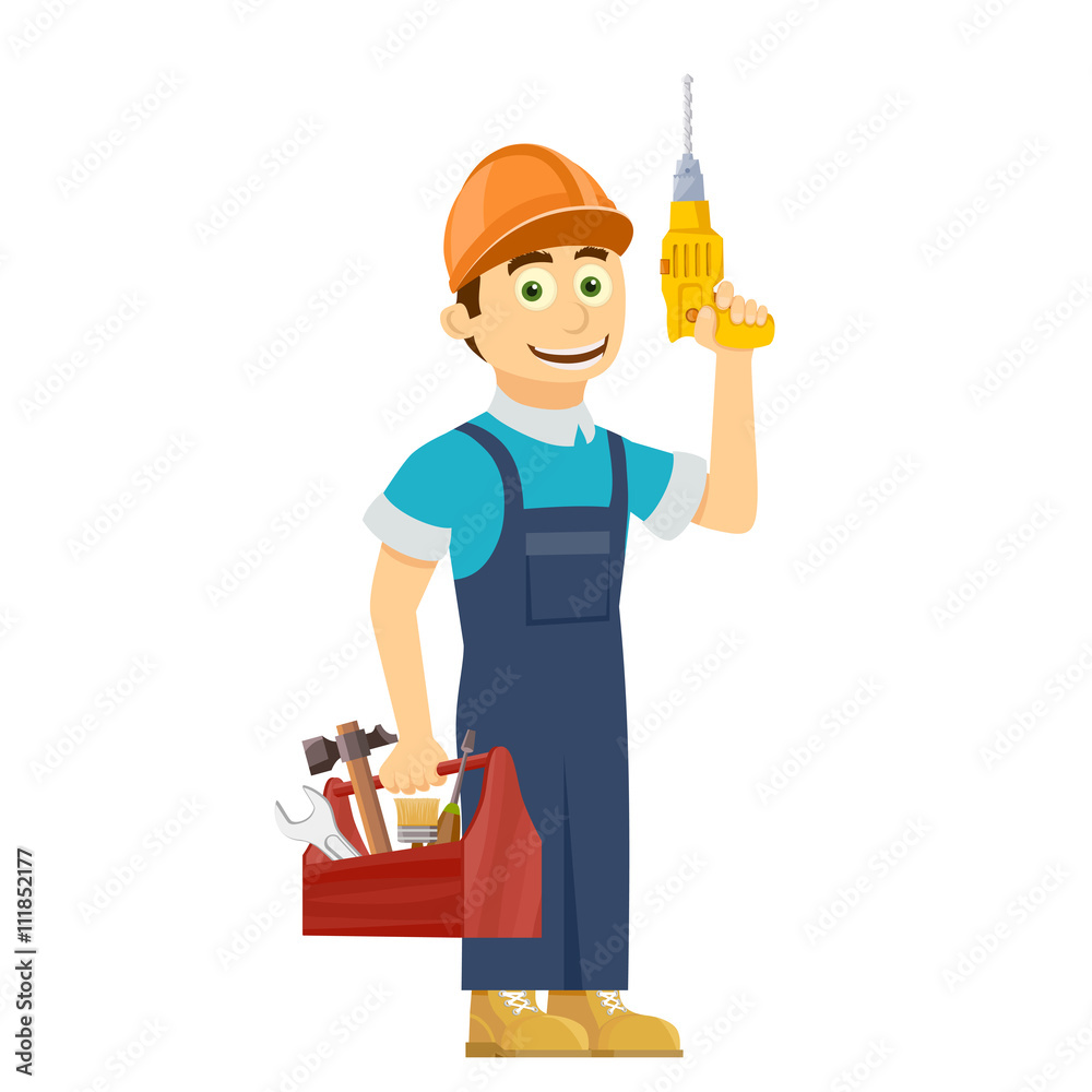 Construction worker holds in hands a tool box. Stock vector illu