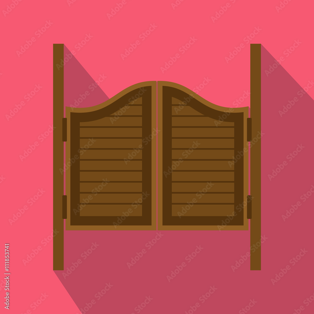 Doors in western saloon icon, flat style Doors in western saloon icon, flat style