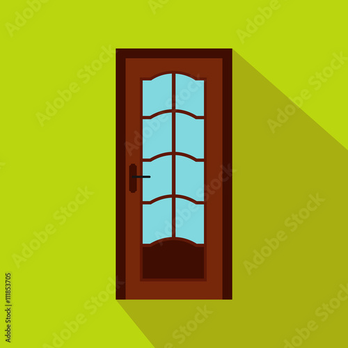 Brown wooden door with glass icon  flat style