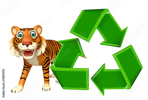 Fototapeta Naklejka Na Ścianę i Meble -  cuteTiger cartoon character with recycle sign