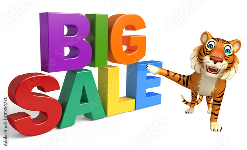 Fototapeta Naklejka Na Ścianę i Meble -  fun Tiger cartoon character with bigsale sign