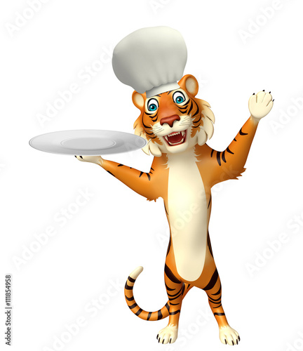 Fototapeta Naklejka Na Ścianę i Meble -  cuteTiger cartoon character with chef hat and dinner plate