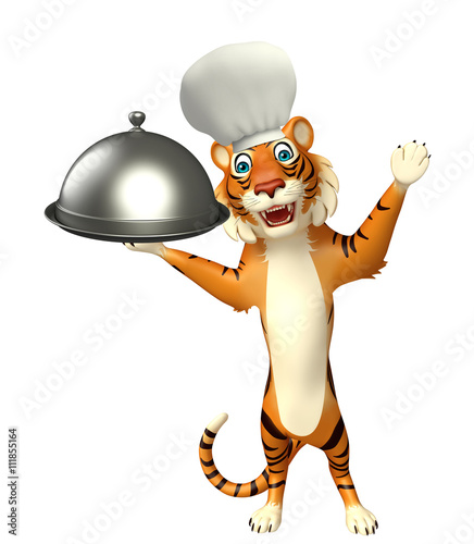 Fototapeta Naklejka Na Ścianę i Meble -  cuteTiger cartoon character  with chef hat and cloche