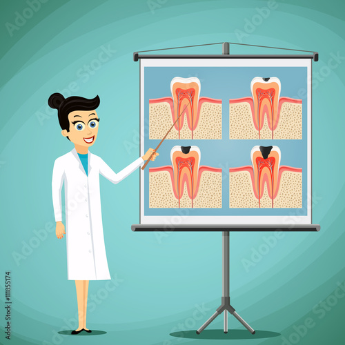Doctor dentist shows on a blackboard diagram of the human tooth.