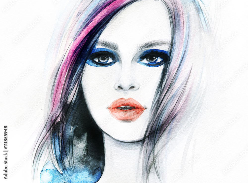 Fototapeta Beautiful woman face. Abstract fashion watercolor illustration