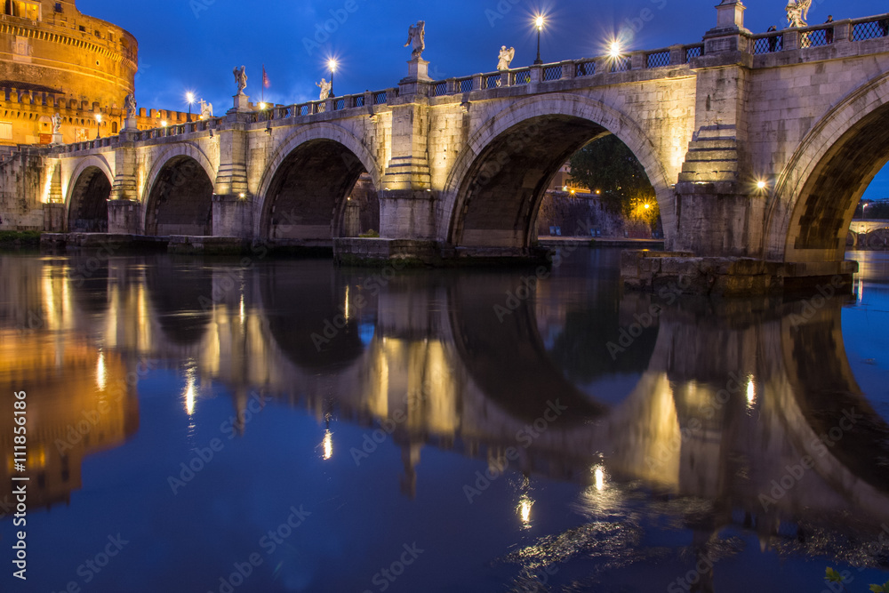 Castel Sant Angelo bridge, reflecting onto the River Tiber at twilight, Rome, Italy, Europe