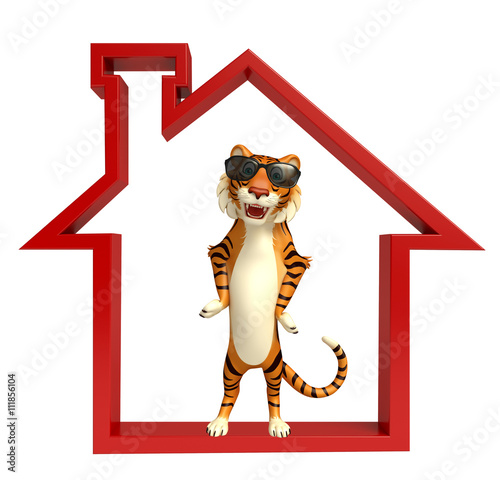 Fototapeta Naklejka Na Ścianę i Meble -  cute Tiger cartoon character with home sign  and sunglass