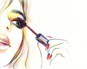 Make up, Beautiful woman face. fashion watercolor illustration