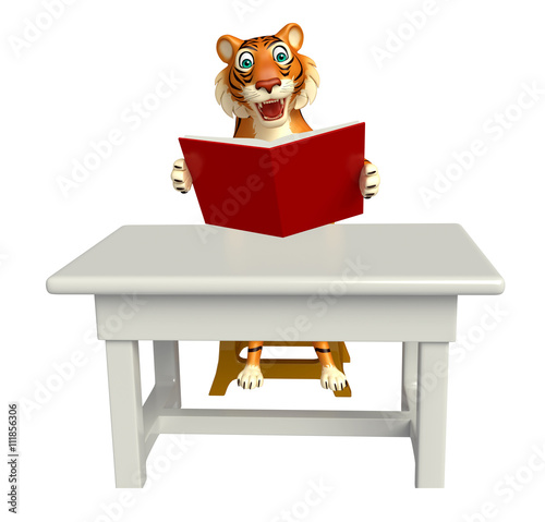 Fototapeta Naklejka Na Ścianę i Meble -  Tiger cartoon character with table and chair ;book