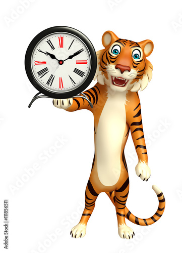 fun Tiger cartoon character with clock © visible3dscience