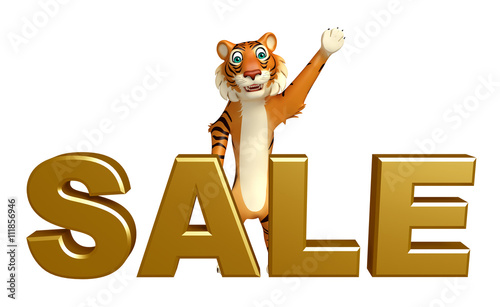 Fototapeta Naklejka Na Ścianę i Meble -  fun Tiger cartoon character with sale sign