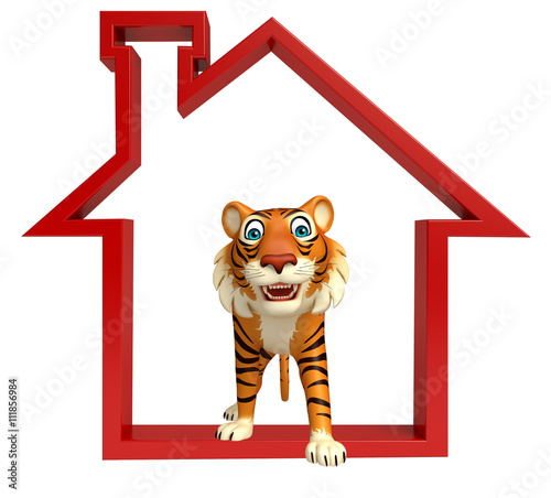 Fototapeta Naklejka Na Ścianę i Meble -  cute Tiger cartoon character with home sign