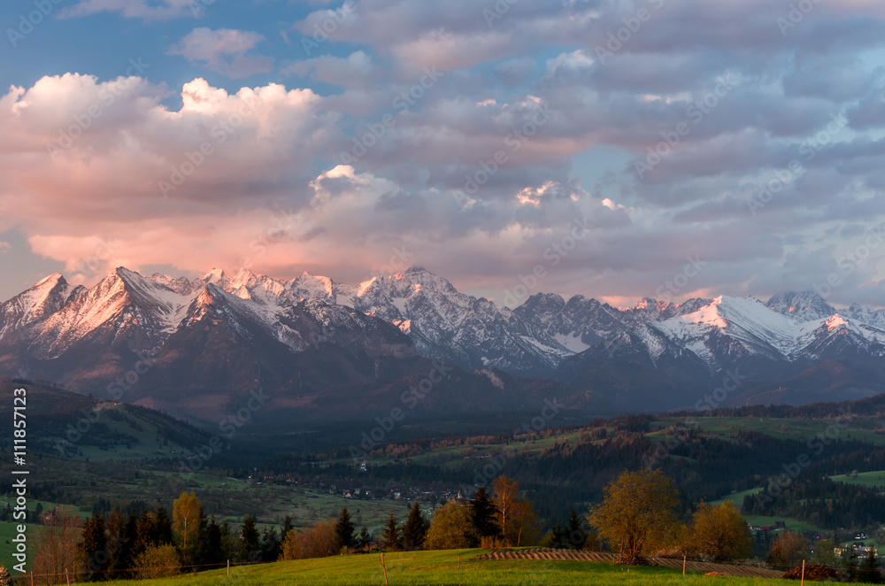 Beautiful spring panorama over Spisz highland to snowy Tatra mountains in the morning, Poland