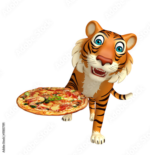Fototapeta Naklejka Na Ścianę i Meble -  Tiger cartoon character with pizza
