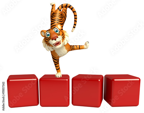 Fototapeta Naklejka Na Ścianę i Meble -  cuteTiger cartoon character with level sign