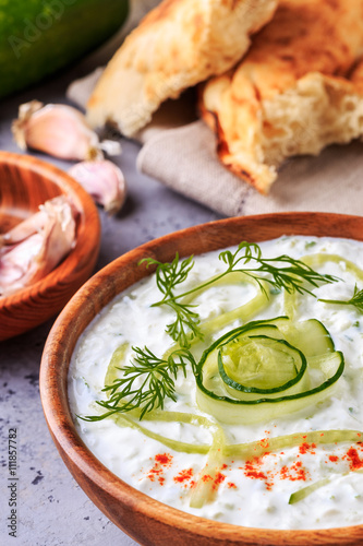 Greek salad tzatziki of cucumber, yogurt , olive oil, garlic, di
