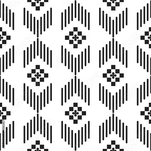 Black and white ethnic geometric lines seamless pattern. Monochrome abstract geometry continuous print.