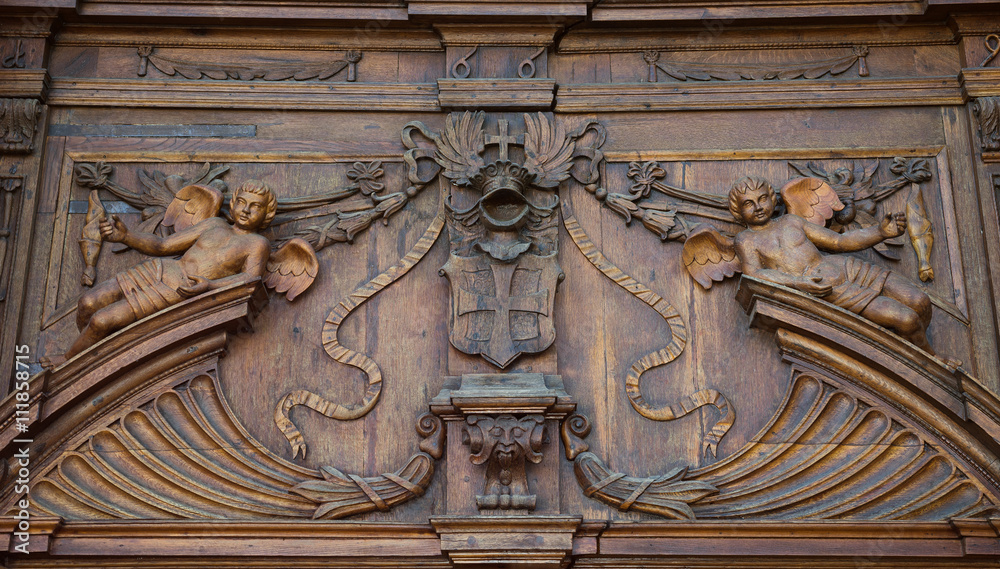 Baroque church Saint Mary, Stara Boleslav, Czech republic Svata Marie, Brandys front facade tympanum wooden decoration