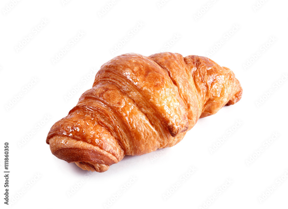 Tasty croissant with chocolate and jam isolated on white background. Pastries and bread in a bakery