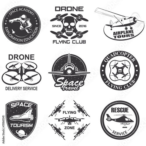 Set of vintage space, drone , aeronautics flight emblems, labels, badges