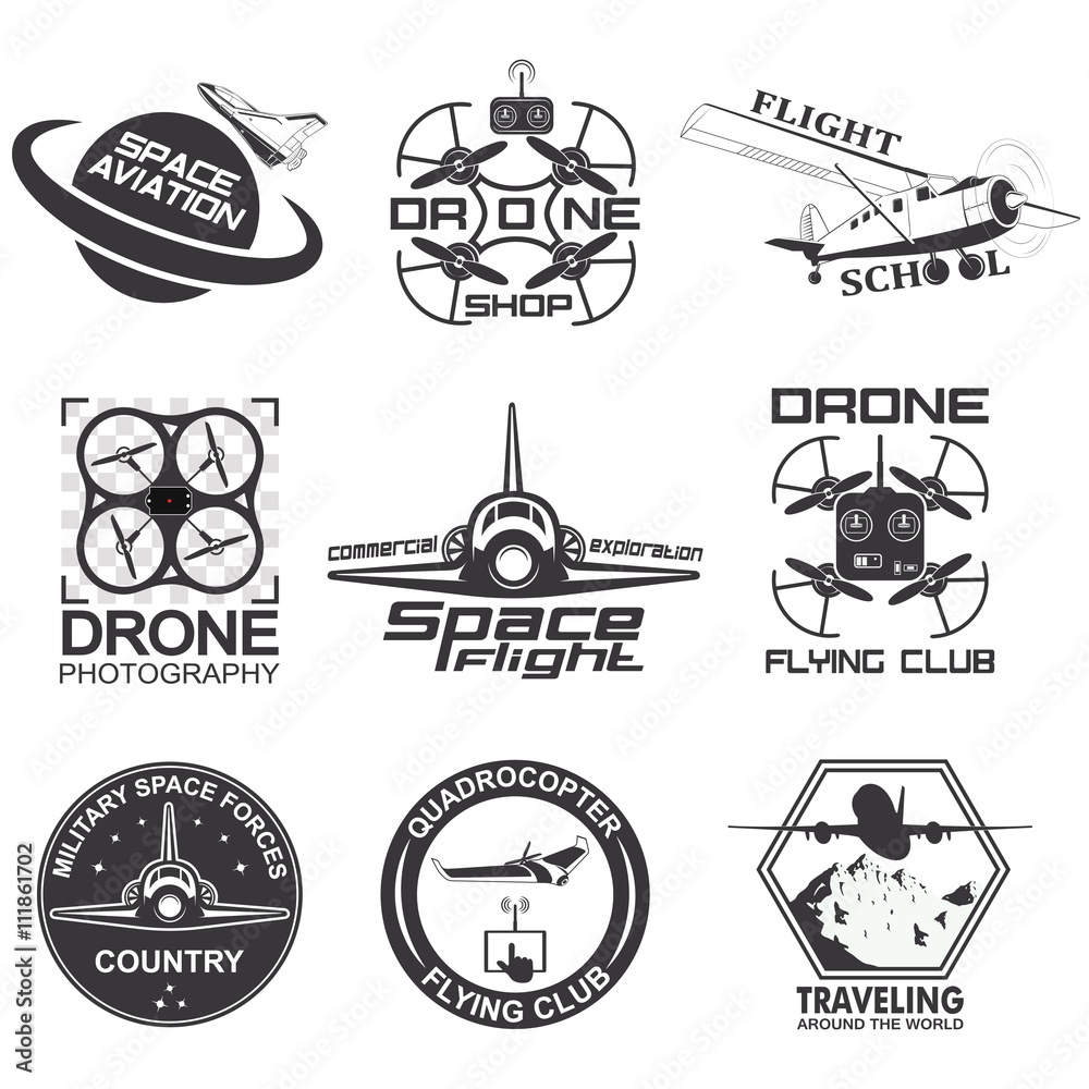 Set of vintage space, drone , aeronautics flight emblems, labels, badges