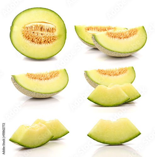 Collection Melon cut pieces on white background.