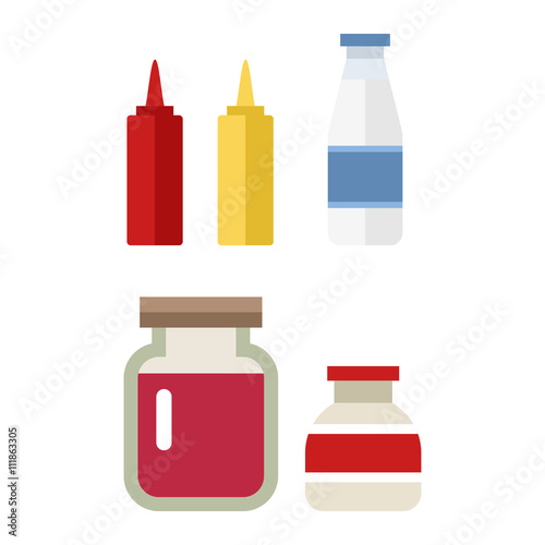 Vector color flat kitchen bottle set. Sauce, milk, jam. Flat style vector illustration