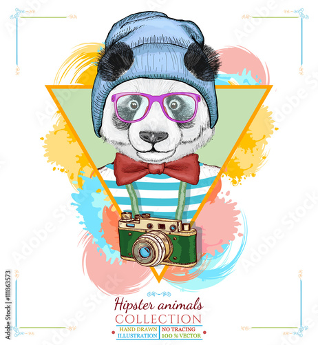 Portrait of fashion panda, hipster animals