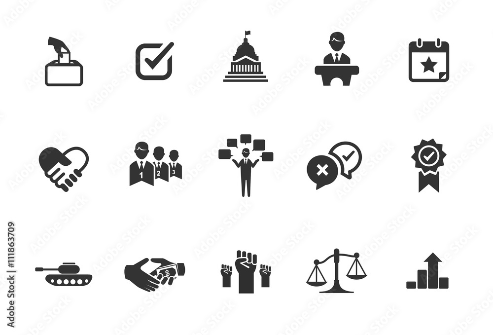 A set of political icons in black and white. A set of political icons in black and white.